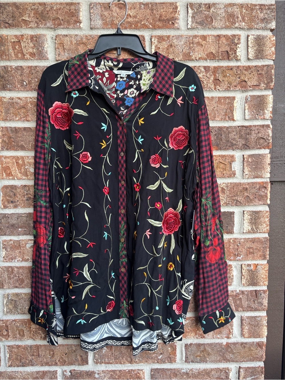 John Mark Black Button-Down Shirt with Red Floral Embroidery